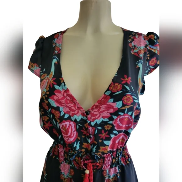 Oriental Cover Up Dress Black Peacock Asian Small Vacation - Picture 3 of 4